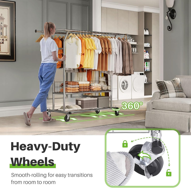 Heavy Duty Double Rail Clothes Rack on Wheels