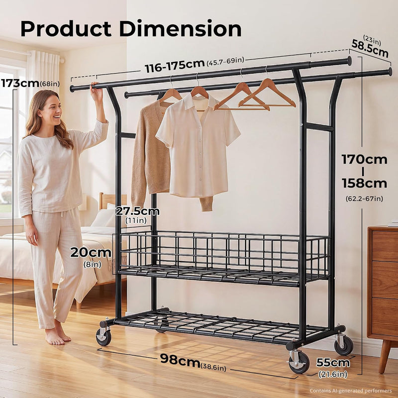 Heavy Duty Double Rail Clothes Rack on Wheels