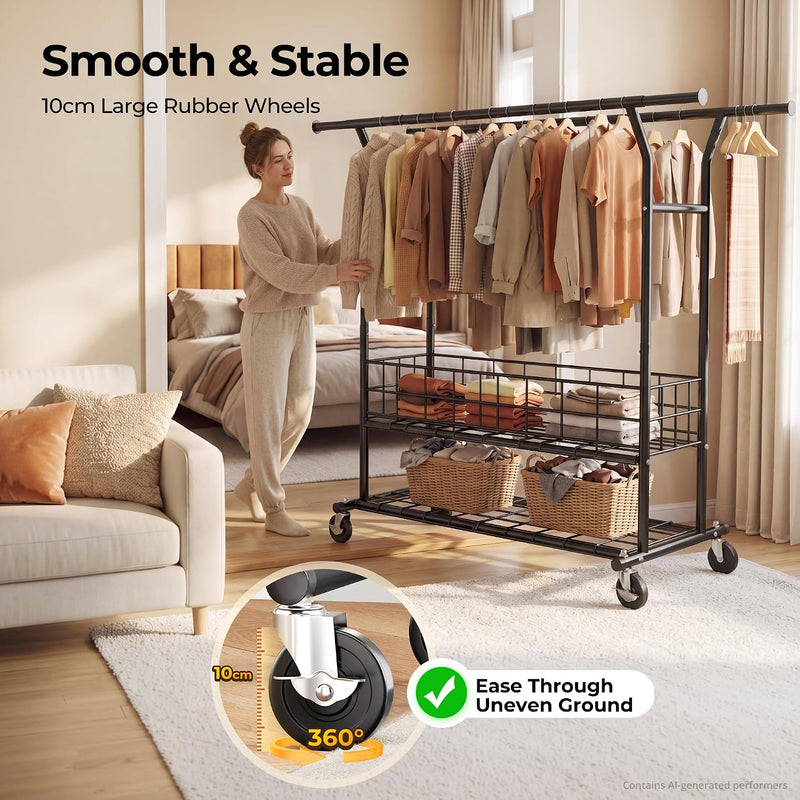 Heavy Duty Double Rail Clothes Rack on Wheels