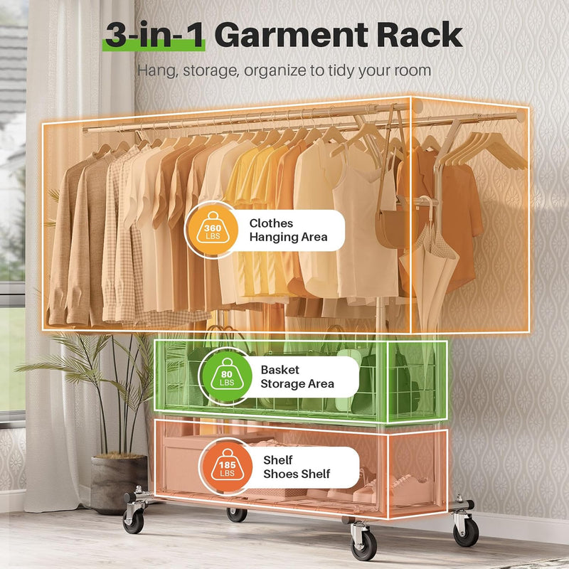 Heavy Duty Double Rail Clothes Rack on Wheels
