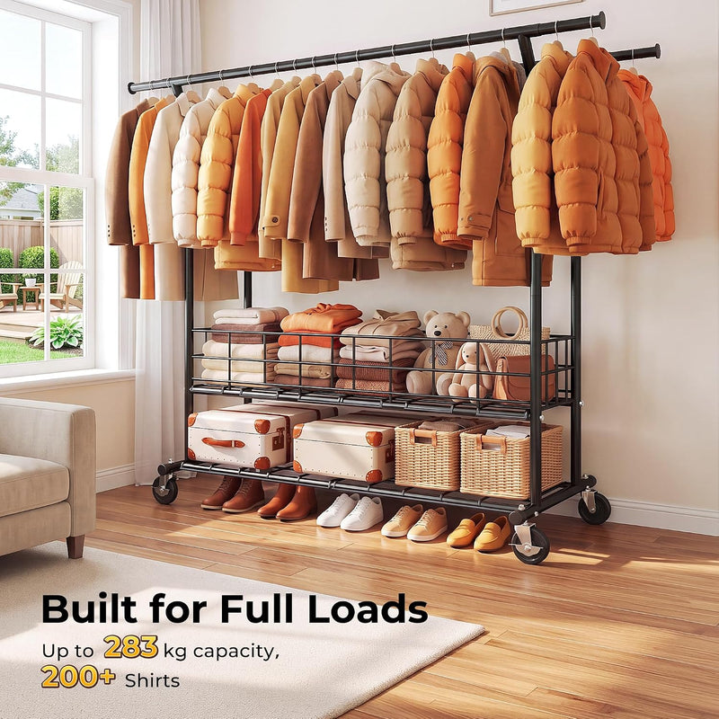 Heavy Duty Double Rail Clothes Rack on Wheels