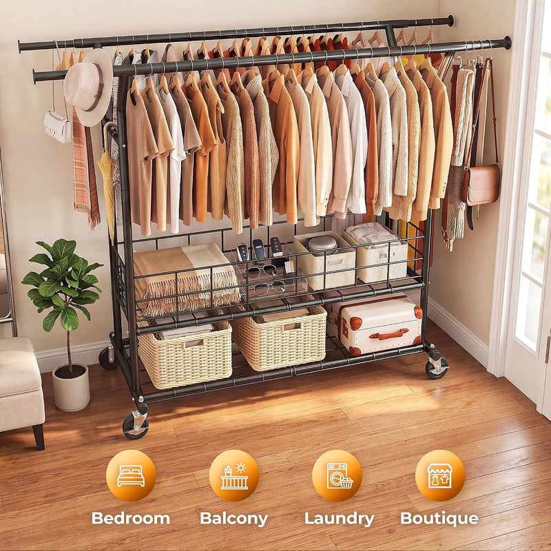 Heavy Duty Double Rail Clothes Rack on Wheels