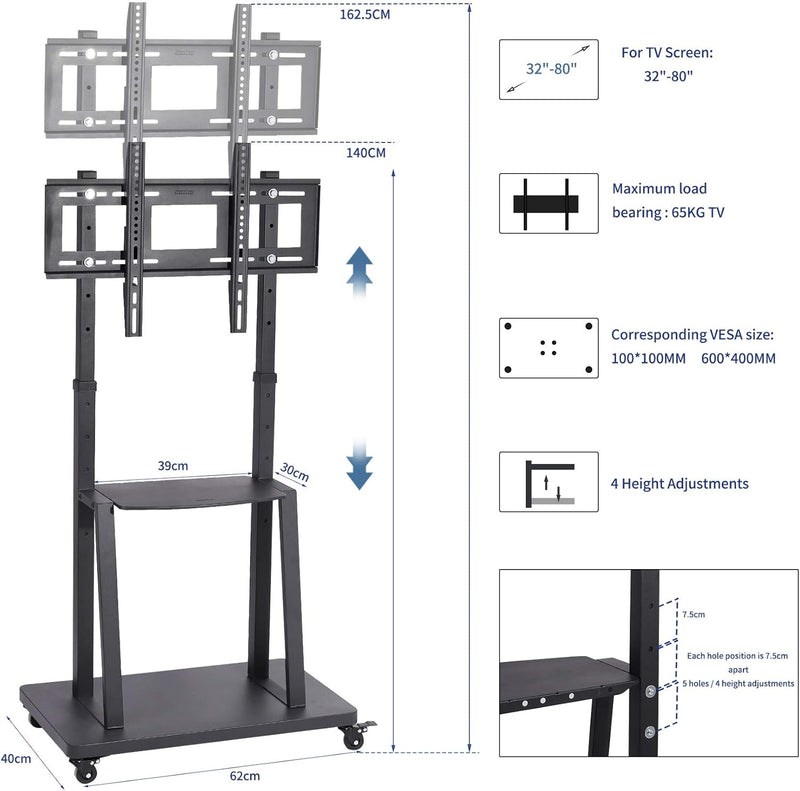 Mobile TV Stand with Wheels for 32-80 Inch