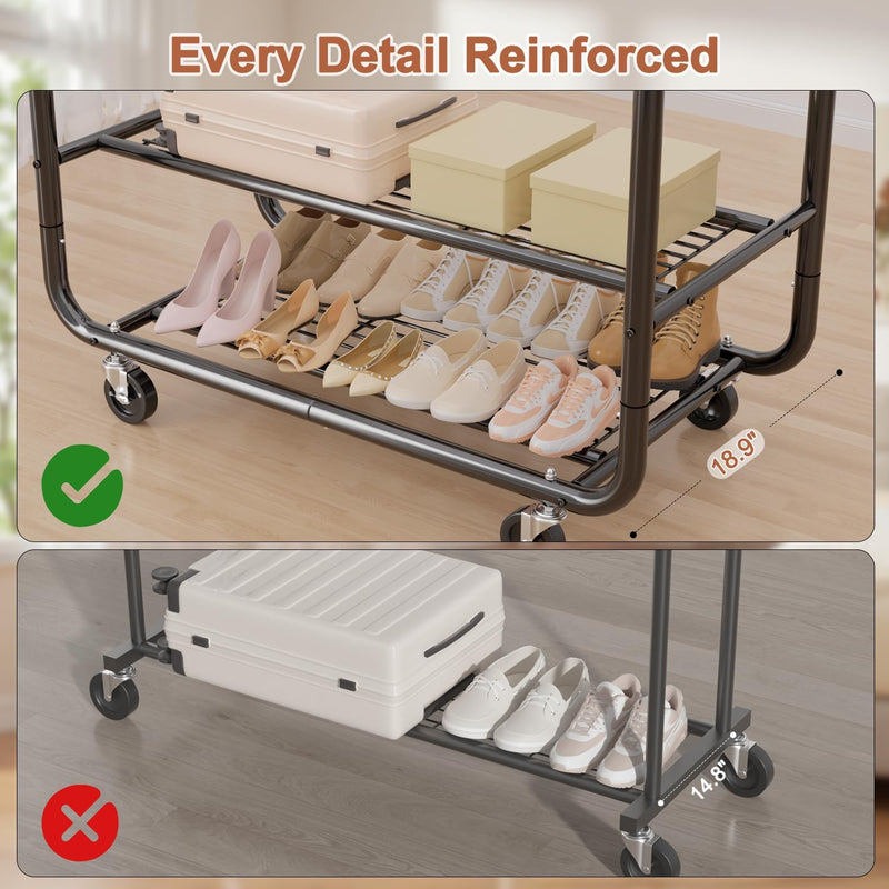 Heavy Duty Rolling Clothes Rail for Hanging Double
