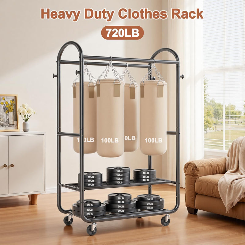 Heavy Duty Rolling Clothes Rail for Hanging Double