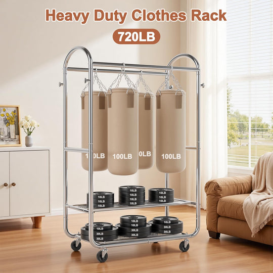 Heavy Duty Rolling Clothes Rail for Hanging Double