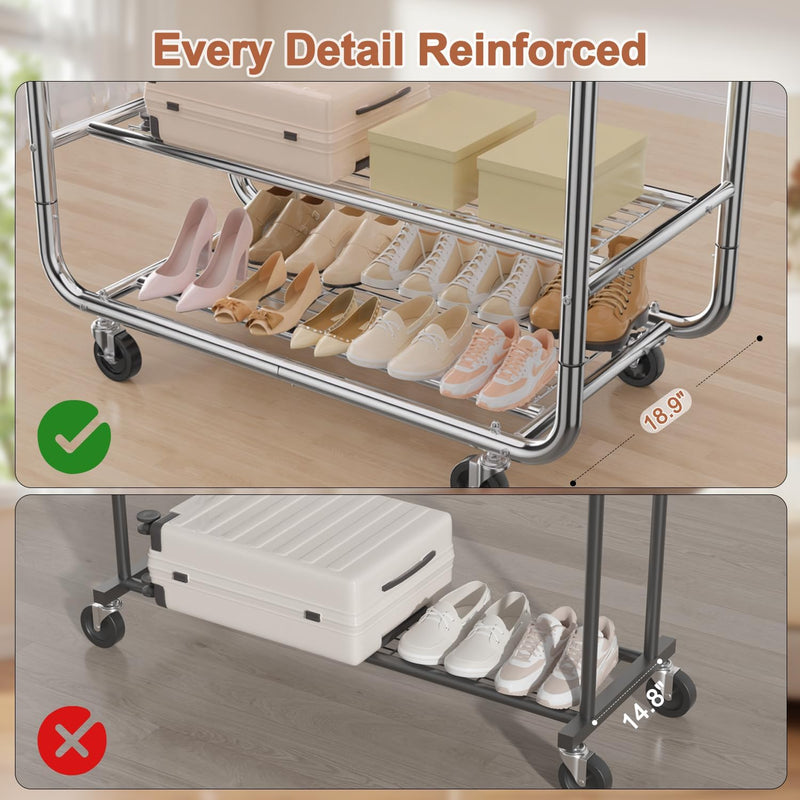Heavy Duty Rolling Clothes Rail for Hanging Double