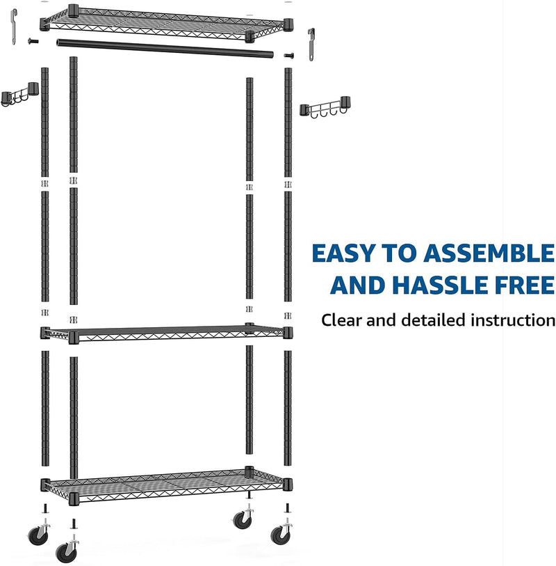 Heavy Duty Rolling Garment Rack 3 Tiers Adjustable