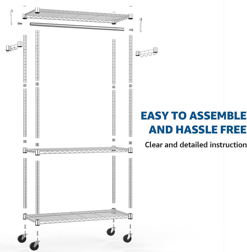 Heavy Duty Rolling Garment Rack 3 Tiers Adjustable