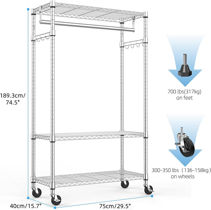 Heavy Duty Rolling Garment Rack 3 Tiers Adjustable