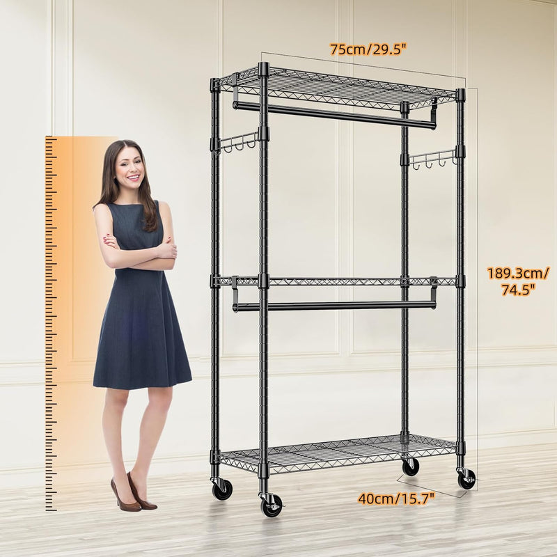 Heavy Duty Rolling Garment Rack 3 Tiers Adjustable