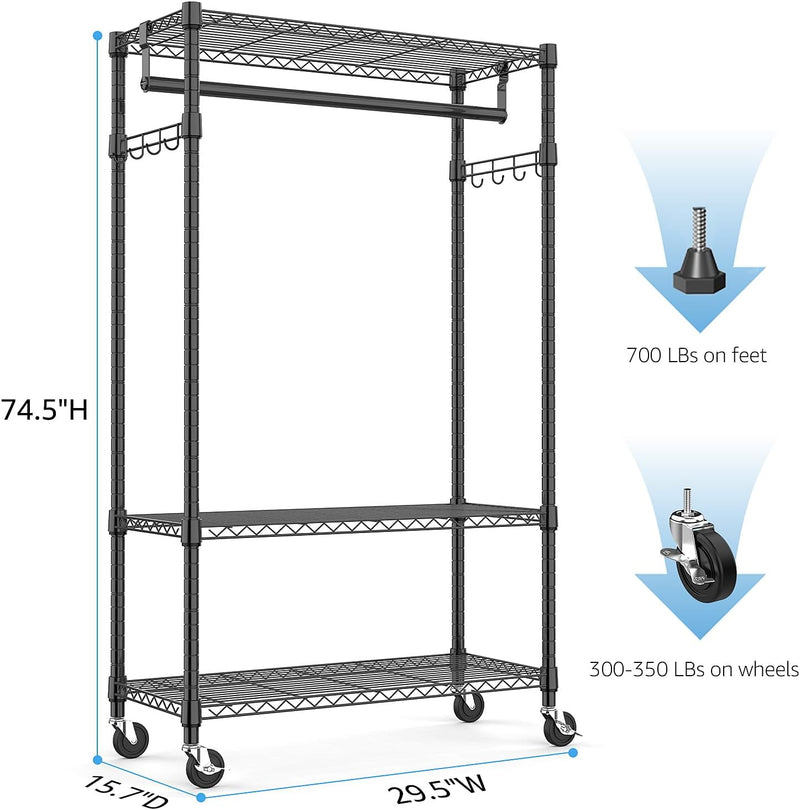 Heavy Duty Rolling Garment Rack 3 Tiers Adjustable