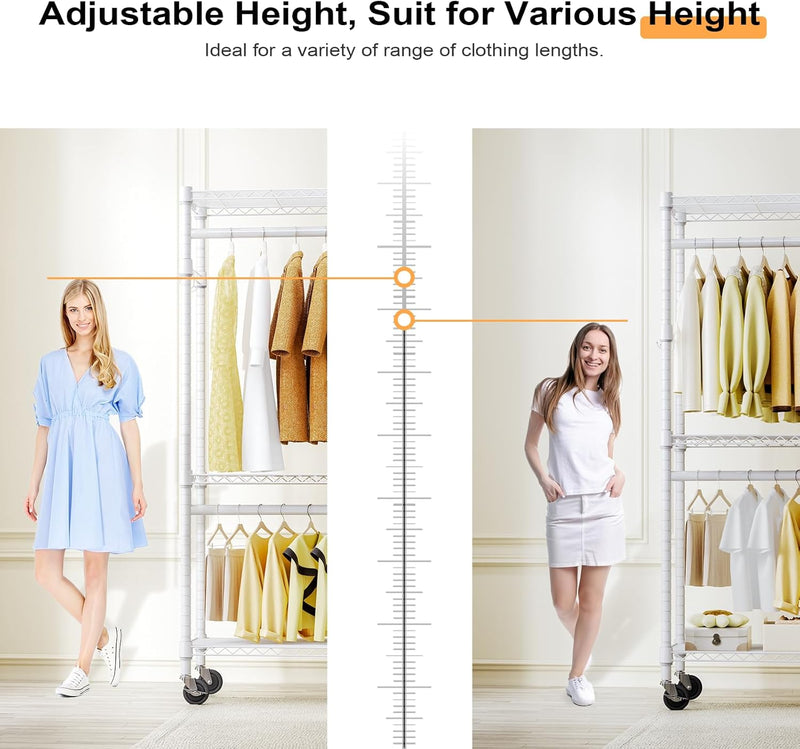 Heavy Duty Rolling Garment Rack 3 Tiers Adjustable
