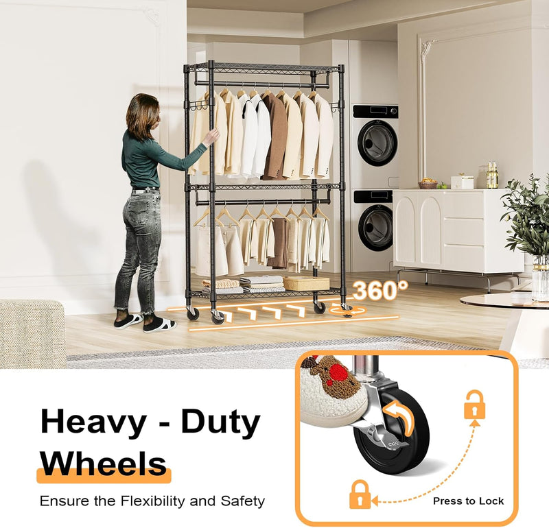 Heavy Duty Rolling Garment Rack 3 Tiers Adjustable