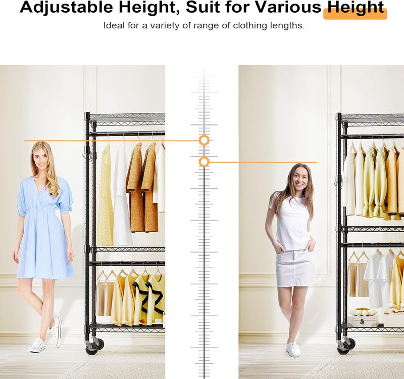 Heavy Duty Rolling Garment Rack 3 Tiers Adjustable