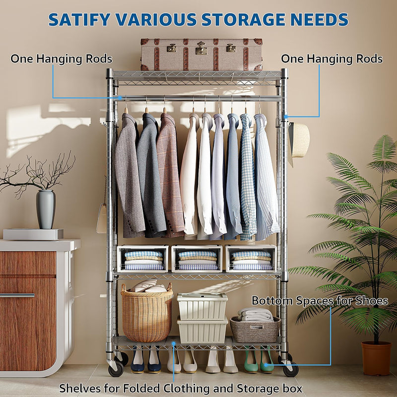 Heavy Duty Rolling Garment Rack 3 Tiers Adjustable