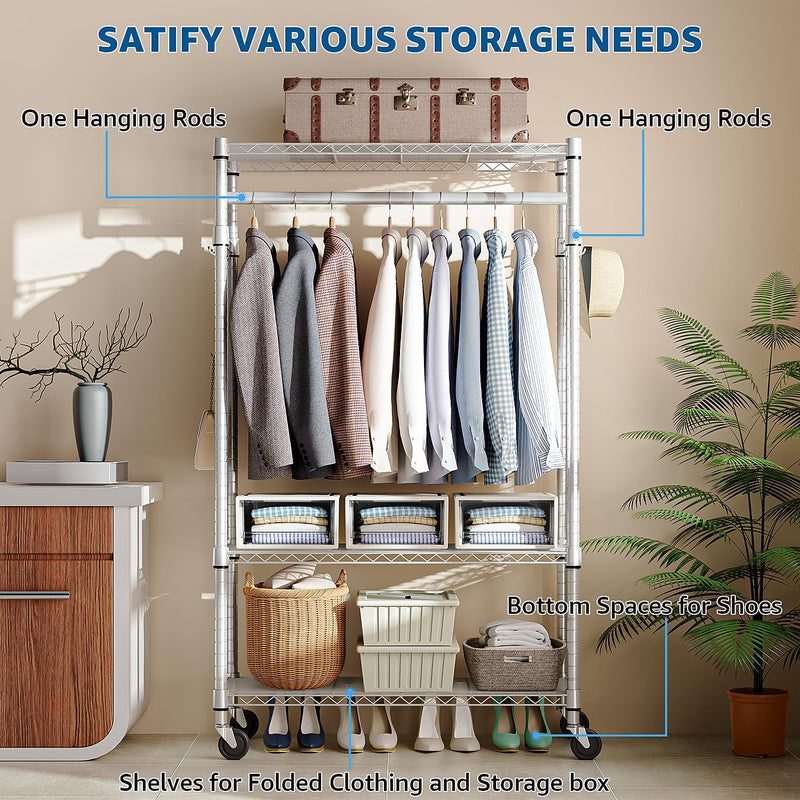 Heavy Duty Rolling Garment Rack 3 Tiers Adjustable