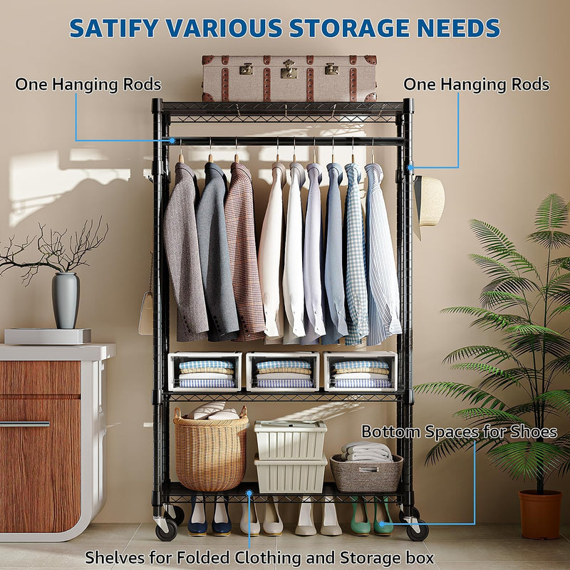Heavy Duty Rolling Garment Rack 3 Tiers Adjustable