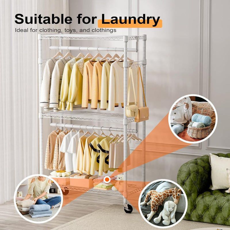 Heavy Duty Rolling Garment Rack 3 Tiers Adjustable