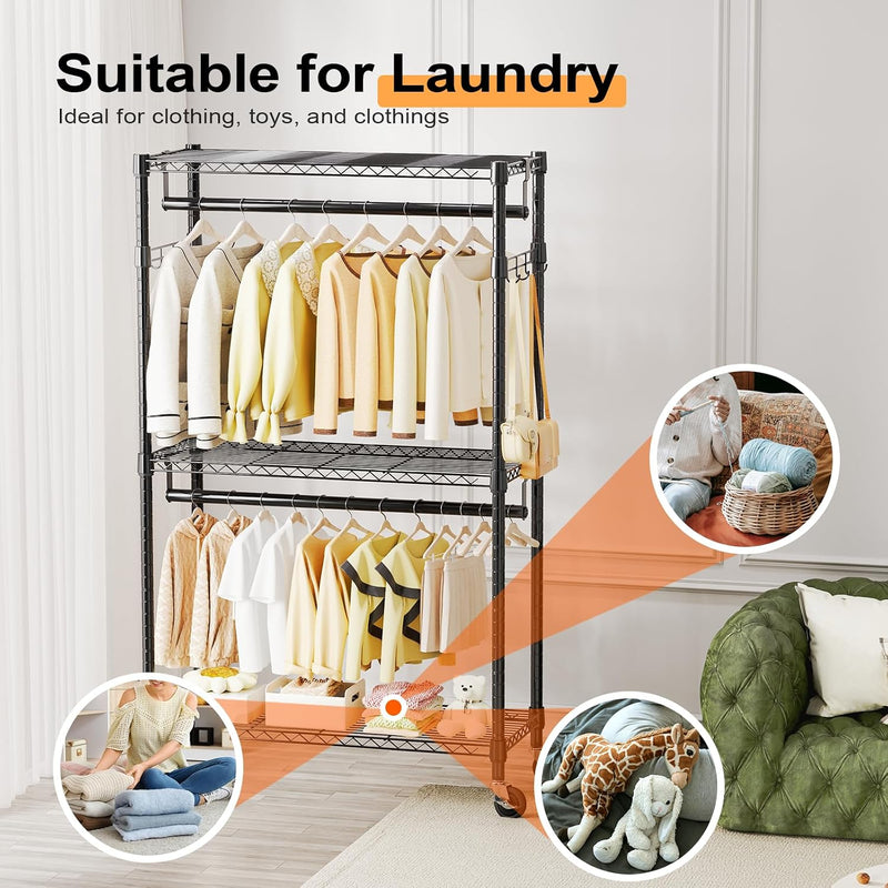 Heavy Duty Rolling Garment Rack 3 Tiers Adjustable