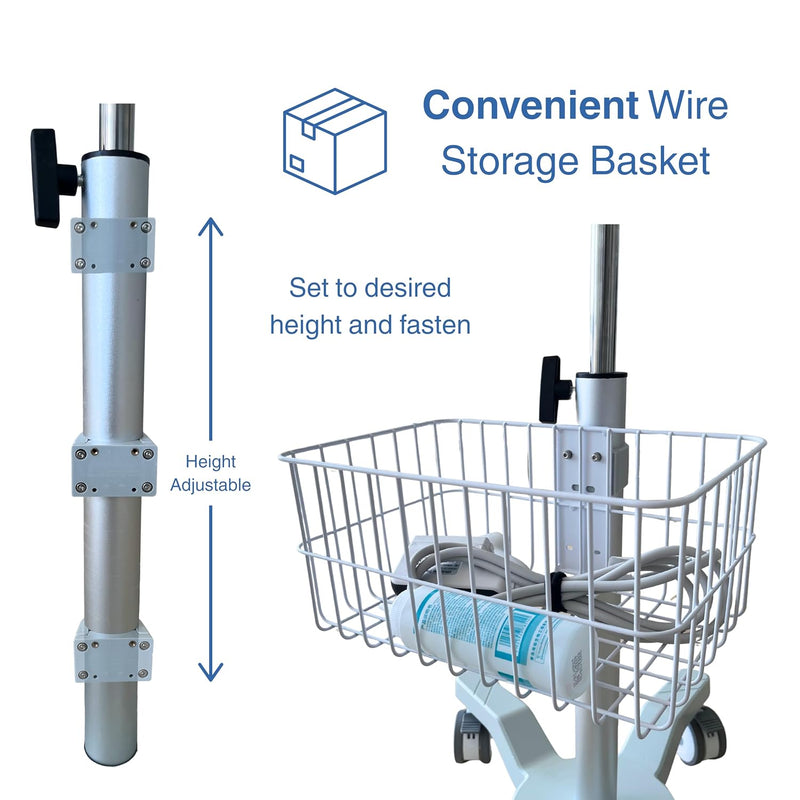 Height Adjustable Medical Cart with Basket Lockable Wheels