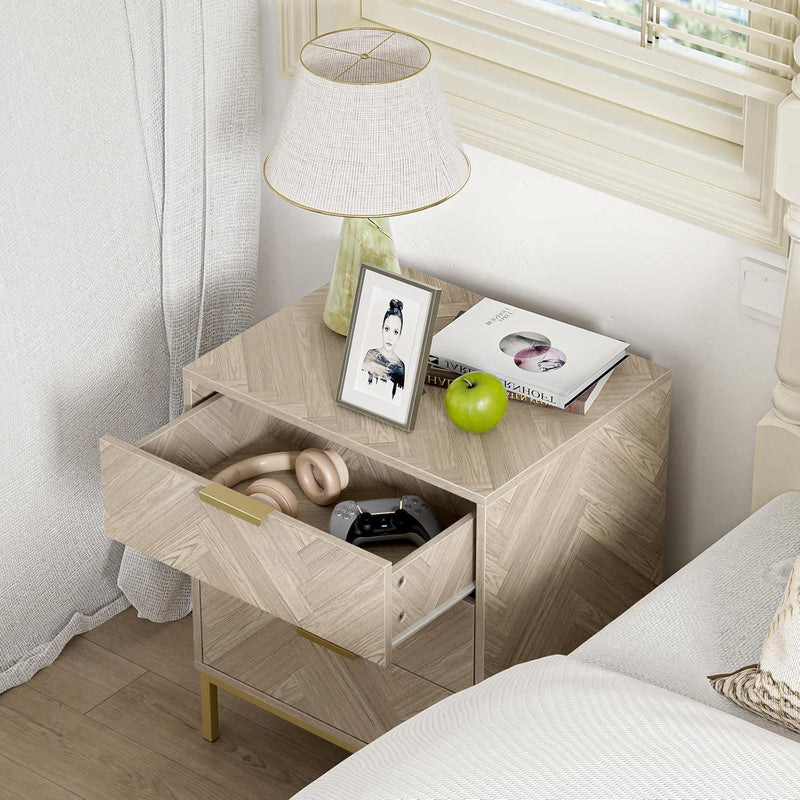 Herringbone 3 Drawer Bedside Table Wooden Cabinet