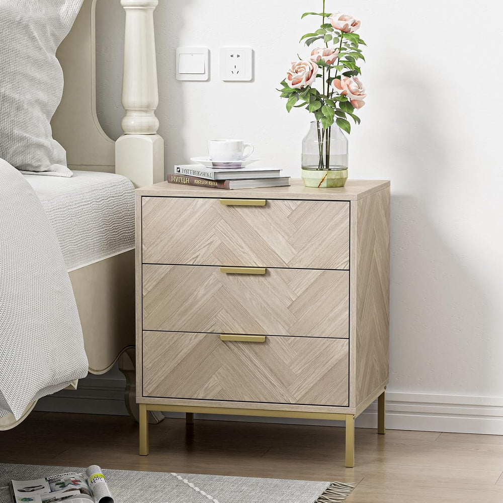 Herringbone 3 Drawer Bedside Table Wooden Cabinet