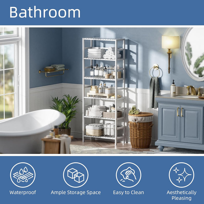 Bamboo Shelf 6-Tier Adjustable Tall Open Bookcase Bathroom