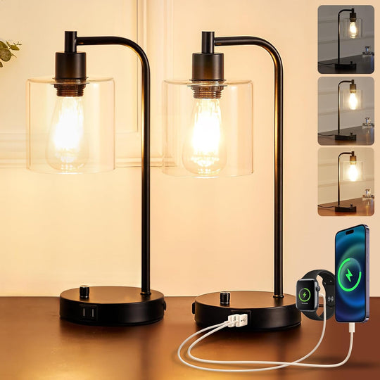 Homelist Dimmable Bedside Lamps Industrial Retro with USB (Set of 2)