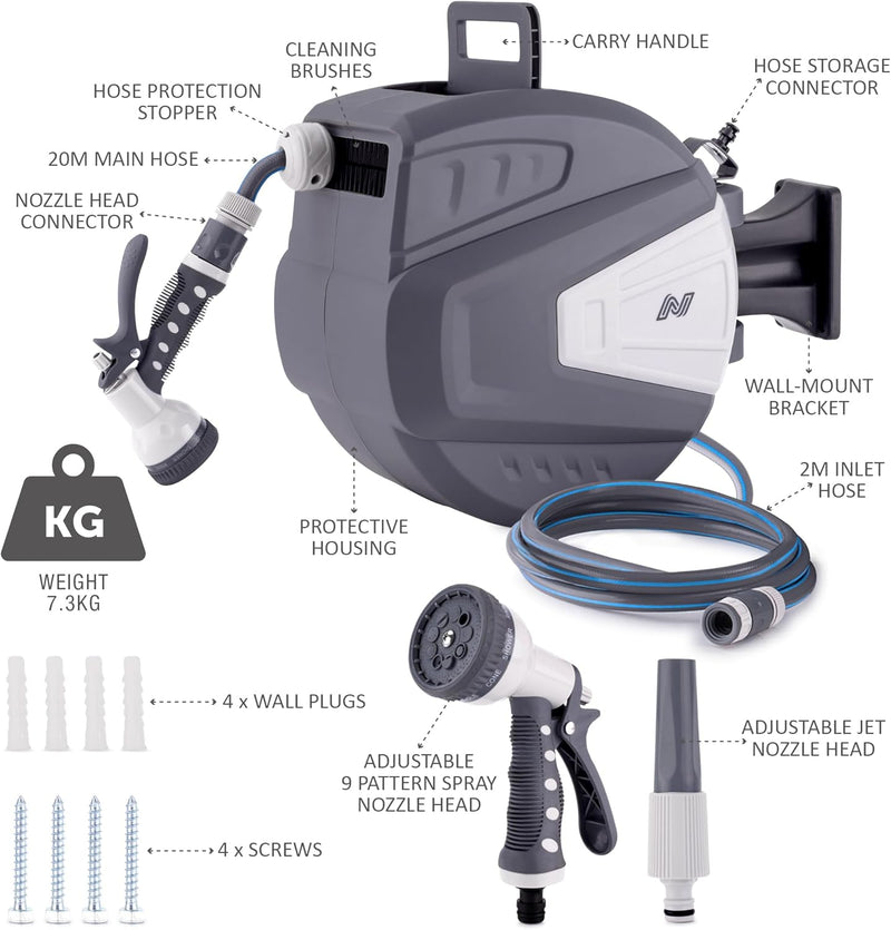 Hose Reel 30m Wall Mounted Garden with Auto