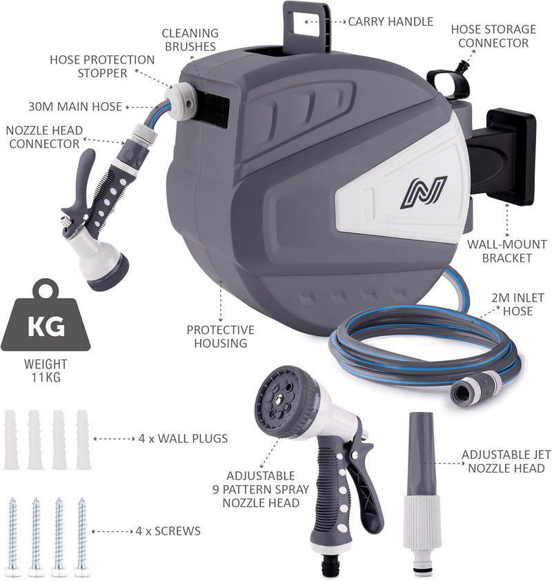 Hose Reel 30m Wall Mounted Garden with Auto