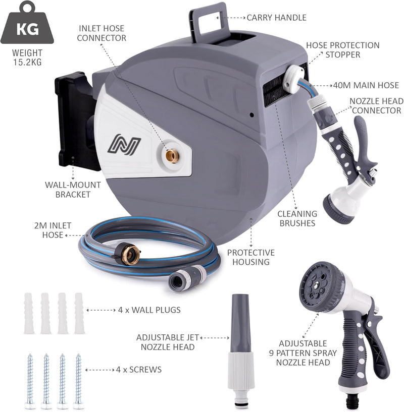 Hose Reel 30m Wall Mounted Garden with Auto
