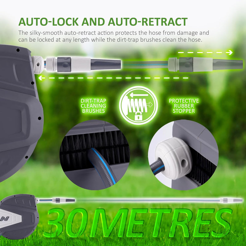 Hose Reel 30m Wall Mounted Garden with Auto