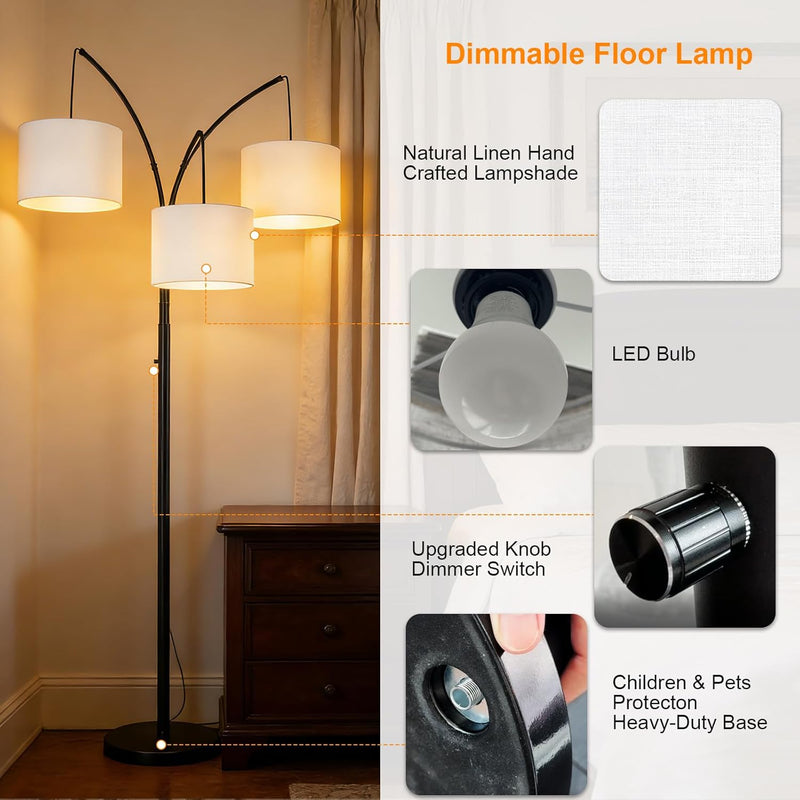 Inch Arc Floor Lamp for Bedroom 3-Light Dimmable