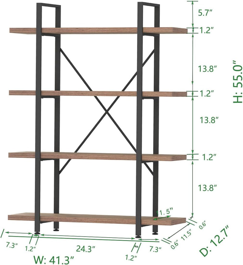 Industrial 4 Tier Bookshelf Modern Metal and Wood
