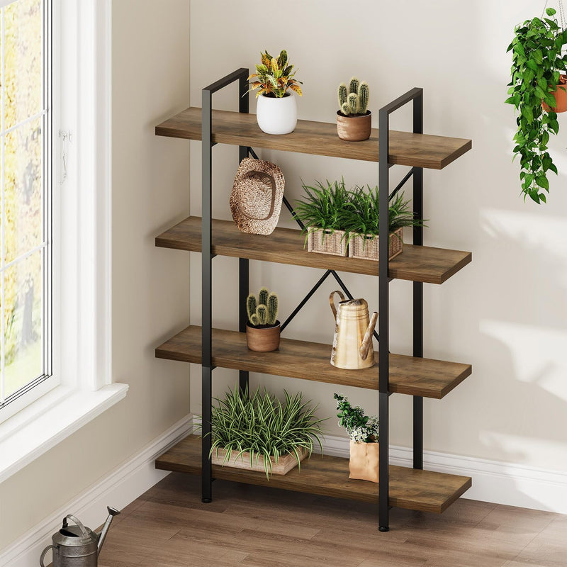 Industrial 4 Tier Bookshelf Modern Metal and Wood