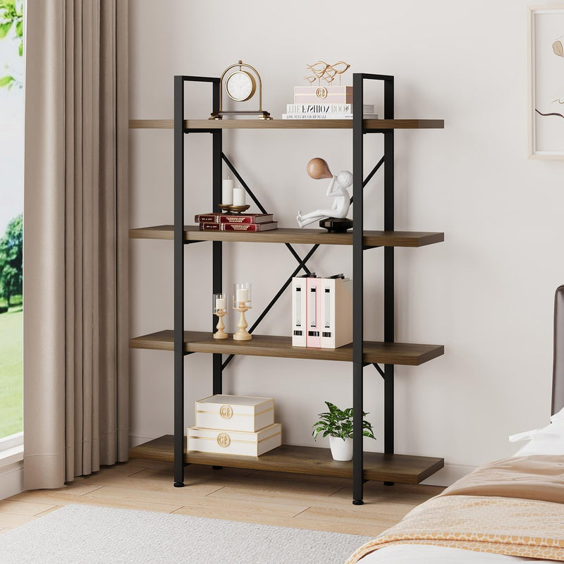 Industrial 4 Tier Bookshelf Modern Metal and Wood
