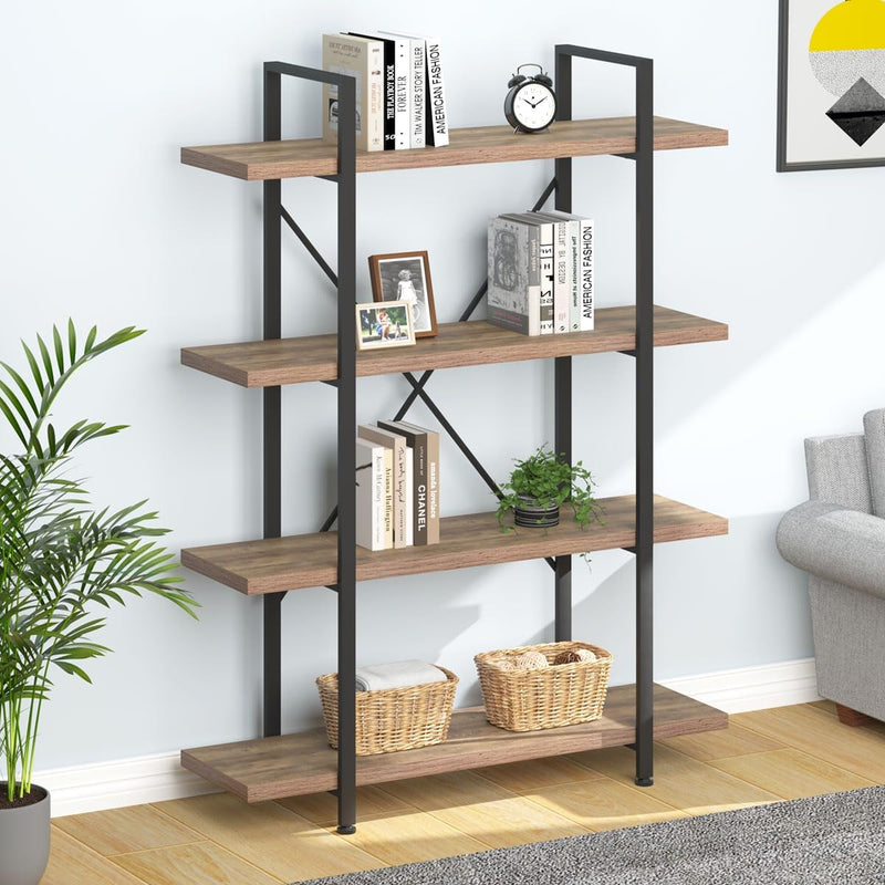 Industrial 4 Tier Bookshelf Modern Metal and Wood
