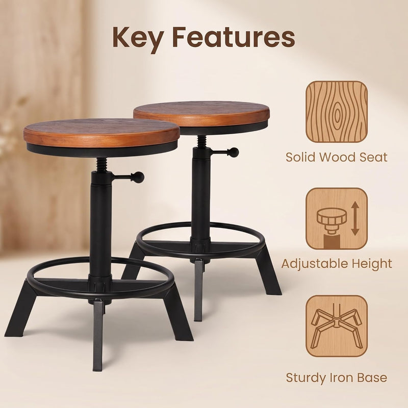 Industrial Bar Stool-Counter Height Chairs- Swivel Wooden Seat (Set of 2)