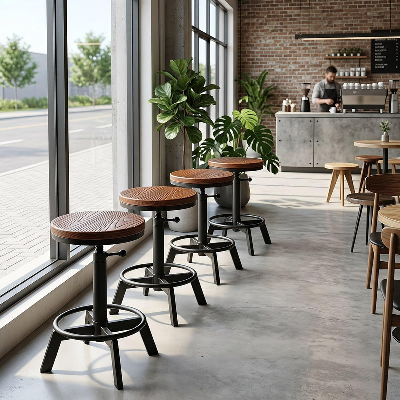 Industrial Bar Stool-Counter Height Chairs- Swivel Wooden Seat (Set of 2)