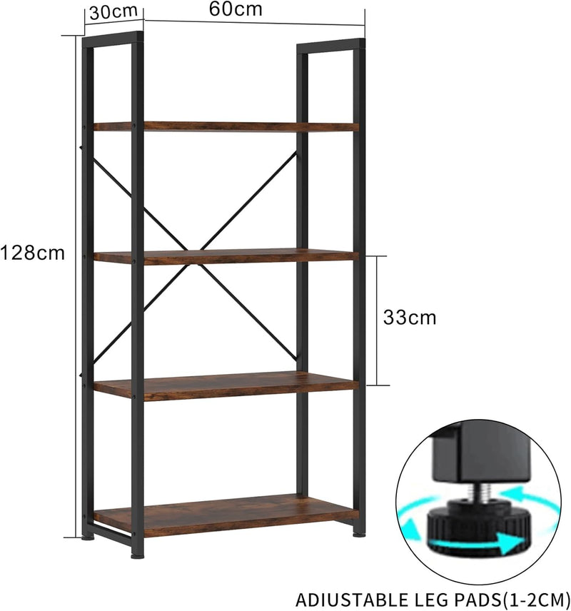 Industrial Bookshelf 4-Tier 24inch Shelving Unit Wood Bookcase