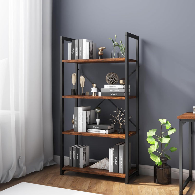 Industrial Bookshelf 4-Tier 24inch Shelving Unit Wood Bookcase