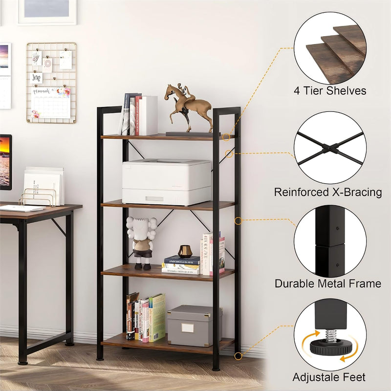Industrial Bookshelf 4-Tier 24inch Shelving Unit Wood Bookcase