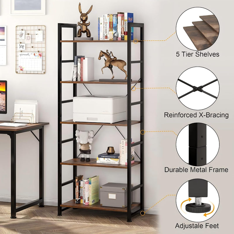Industrial Bookshelf 4-Tier 24inch Shelving Unit Wood Bookcase