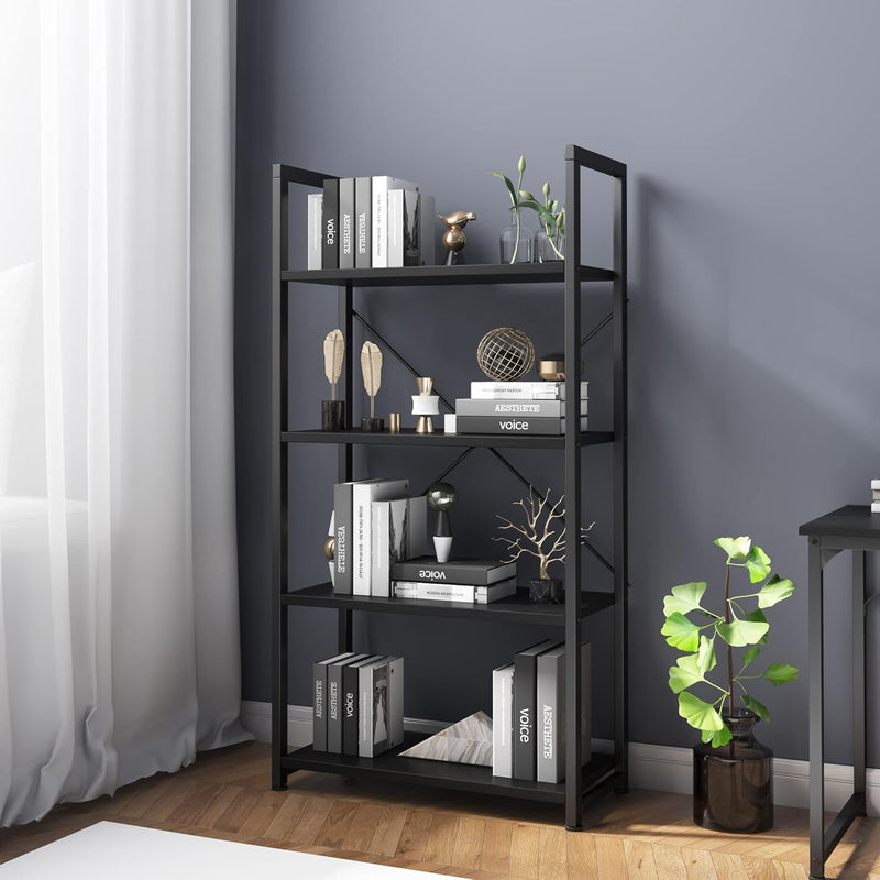 Industrial Bookshelf 4-Tier Shelving Unit Wood Bookcase