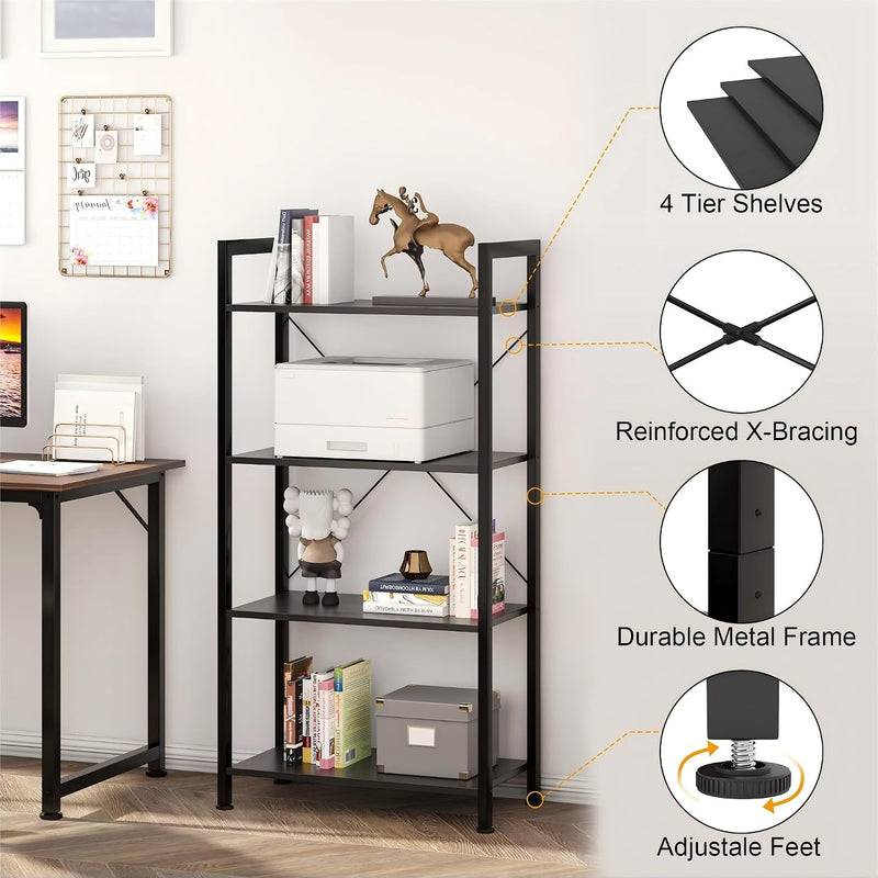 Industrial Bookshelf 4-Tier Shelving Unit Wood Bookcase