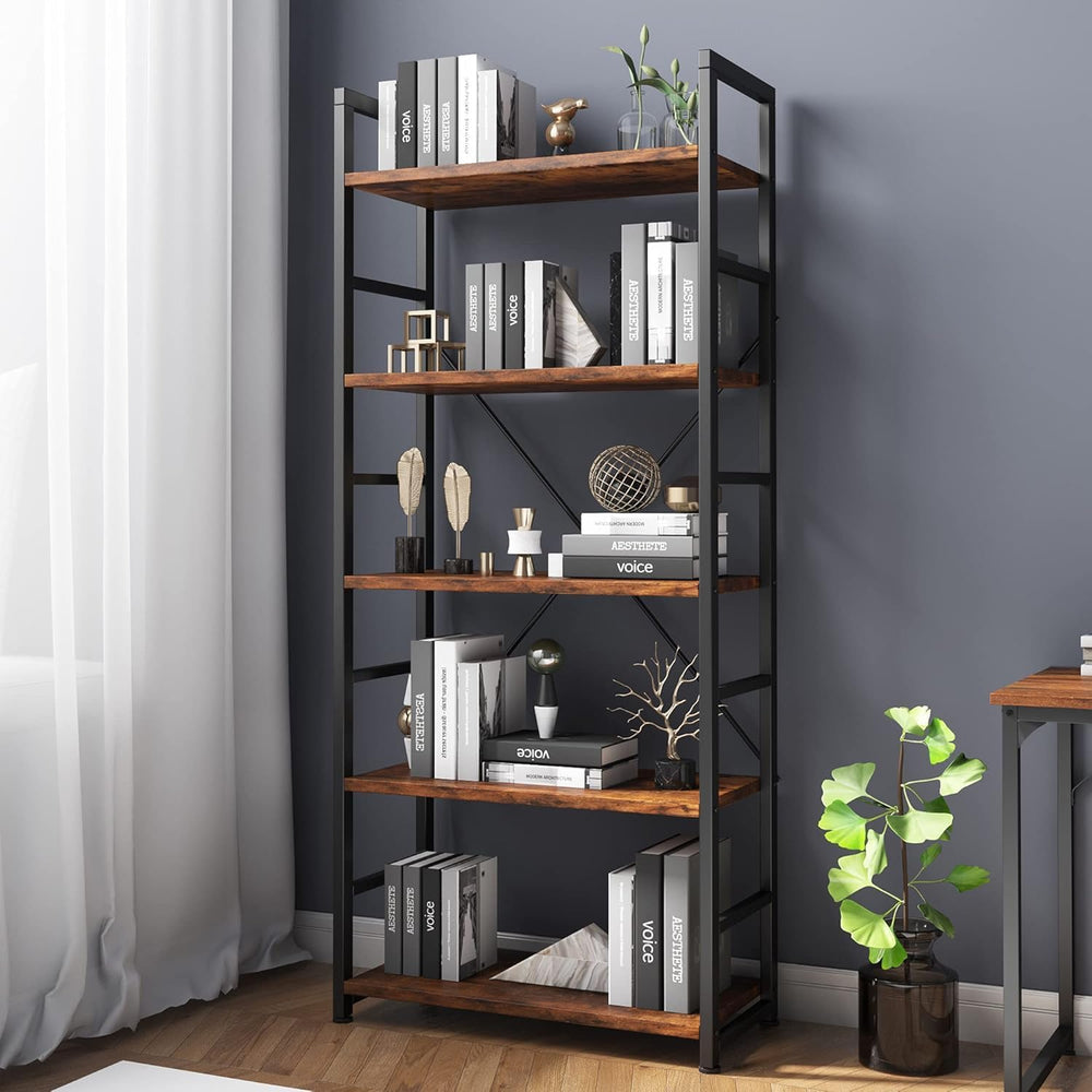 Industrial Bookshelf 5-Tier 24.8" Rustic Shelving Unit Wood