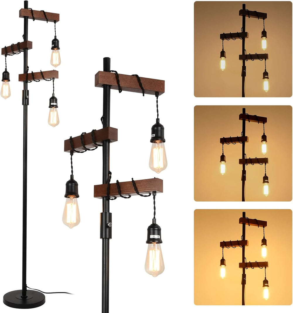 Industrial Dimmable Floor Lamps Farmhouse 3-Lights Wooden