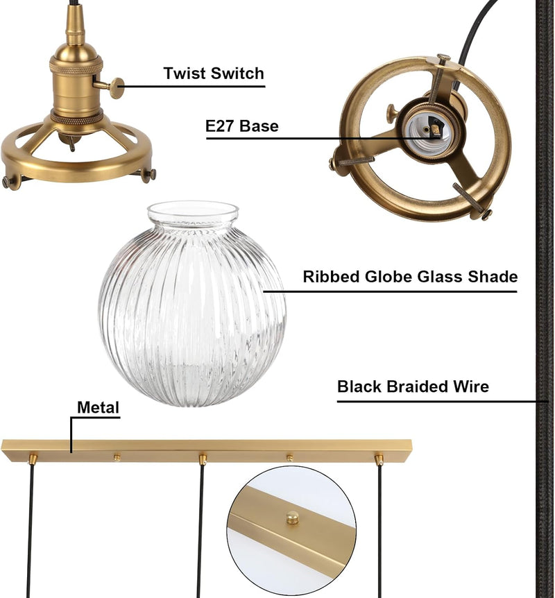 Industrial Glass 3 Pendant Lights 3 Heads Hanging