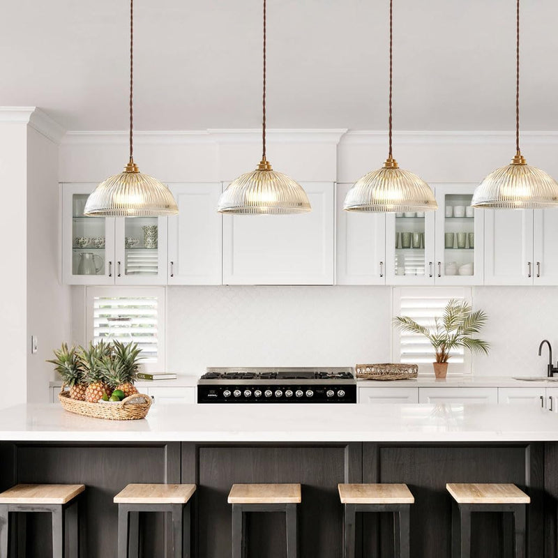 Industrial Ribbed Glass Pendant Light E27 Brass Base